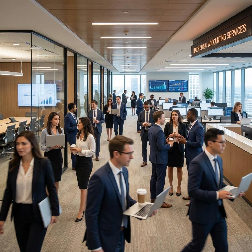 Large firm workforce collaborating